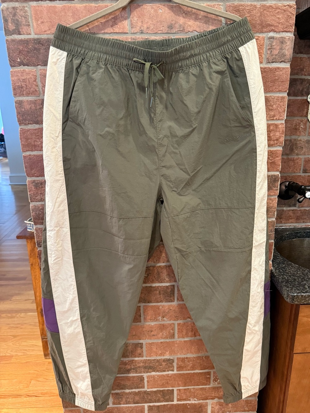 Outdoors Voices Olive Track Pants with White Side Stripes